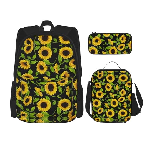 WURTON Schulrucksack-Set mit Sonnenblumen-Druck, 3-in-1, Büchertasche, Set mit Lunchbox, Federmäppchen, Reise, Laptop, Tagesrucksack