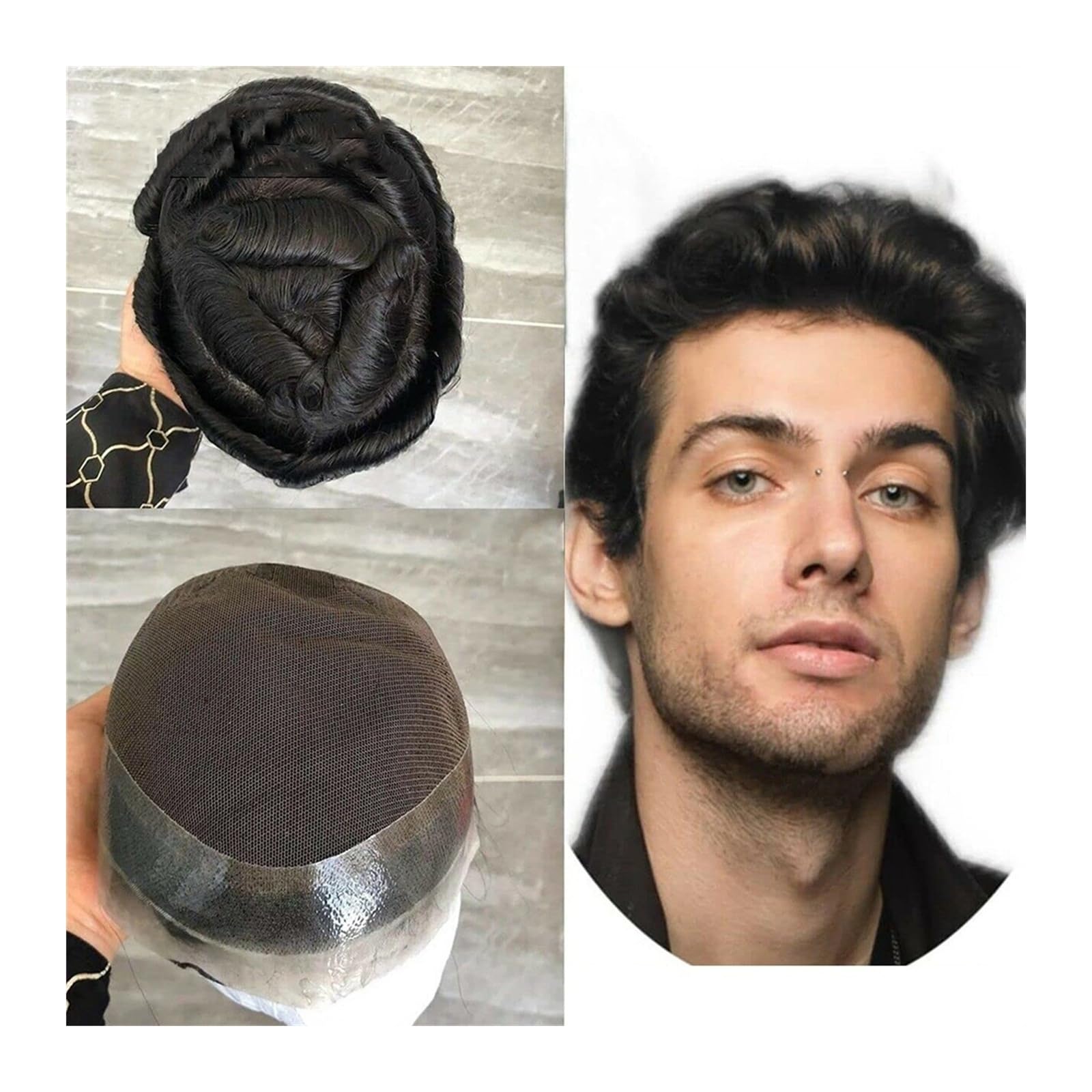 Herren-Haarteile, Männer Toupet Echthaar Männer Ersatz Haarteile Französisch Spitze Zentrum PU Um Männliche Haar Prothese Natürliche Welle Haar Einheit, für tägliche Kostüme, Cosplay, Party (Color :