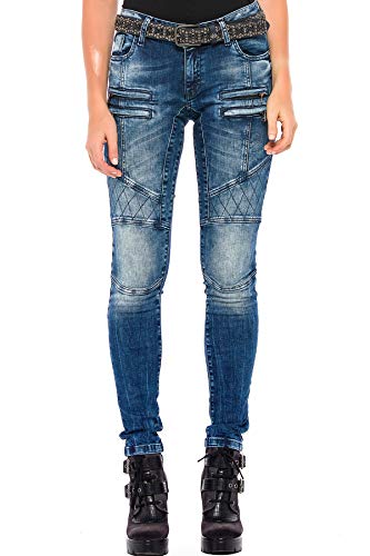 Cipo & Baxx Damen Jeanshose Biker Denim Slim Fit Used Look Taschen Ausgefallen Jeans Hose Blau W29 L32