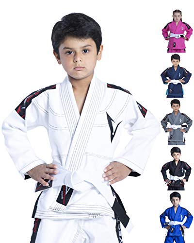 Vector Kids Brazilian Jiu Jitsu (BJJ) Gi mit gratis weißem Gürtel, 100% Baumwolle, Pearl-Weave-gewebter Kimono, Ultra leicht, vorgeschrumpft, weiß, K4