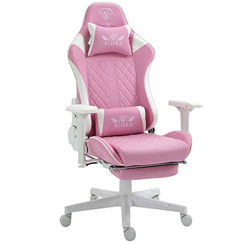 Trisens Gaming Stuhl mit Fußstütze und ergonomsichen 4D-Armlehnen - Gaming Chair in Sportsitz Optik - Gamer Stuhl mit verstellbaren Rückenstützkissen für gesündere Sitzhaltung, Farbe:Rosa/Weiß