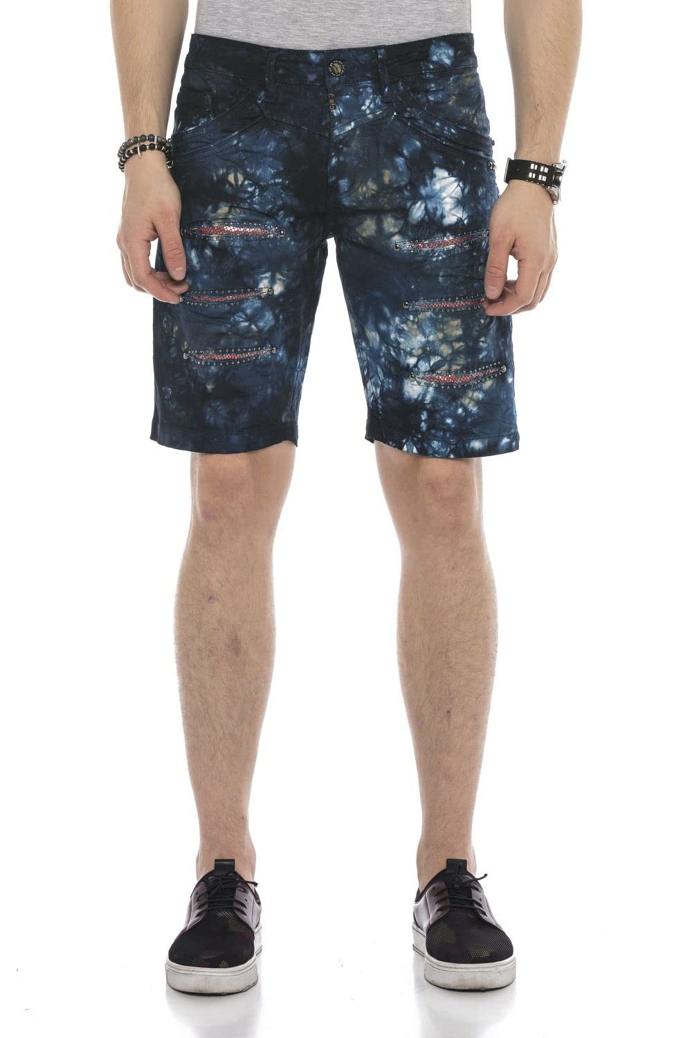 Cipo & Baxx Herren Shorts Kurze Hose Bermuda Jeansshorts Capri Denim Destroyed Casual Batikwaschung CK205 Dunkelblau W36