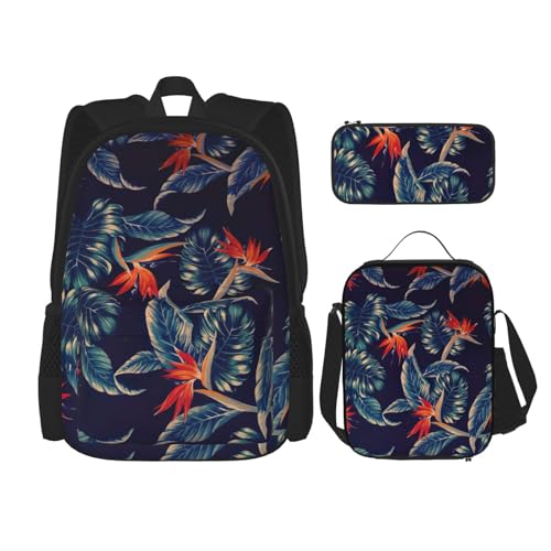 WURTON Schulrucksack-Set mit Hawaii-Motiv und tropischem Blumendruck, 3-in-1-Büchertaschen-Set mit Lunchbox, Federmäppchen, Reise-Laptop-Tagesrucksäcke