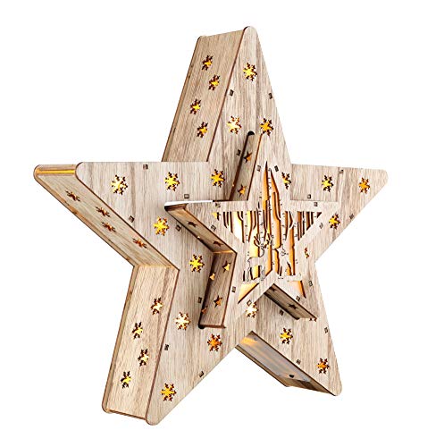 LED Weihnachtsstern - Holzstern-Set mit 16 warm-weißen LEDs | 33,5 x 6,5 x 33,5cm | aus Holz und Kunststoff | Batteriebetrieben