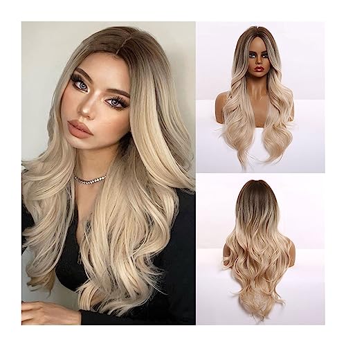 Perücken für Frauen 26 Zoll Ombre Braun Hellblond Platin Lange gewellte Mittelteil-Perücke Cosplay Natürliche hitzebeständige synthetische Perücke for Frauen für die Tägliche Party Cosplay Tragen