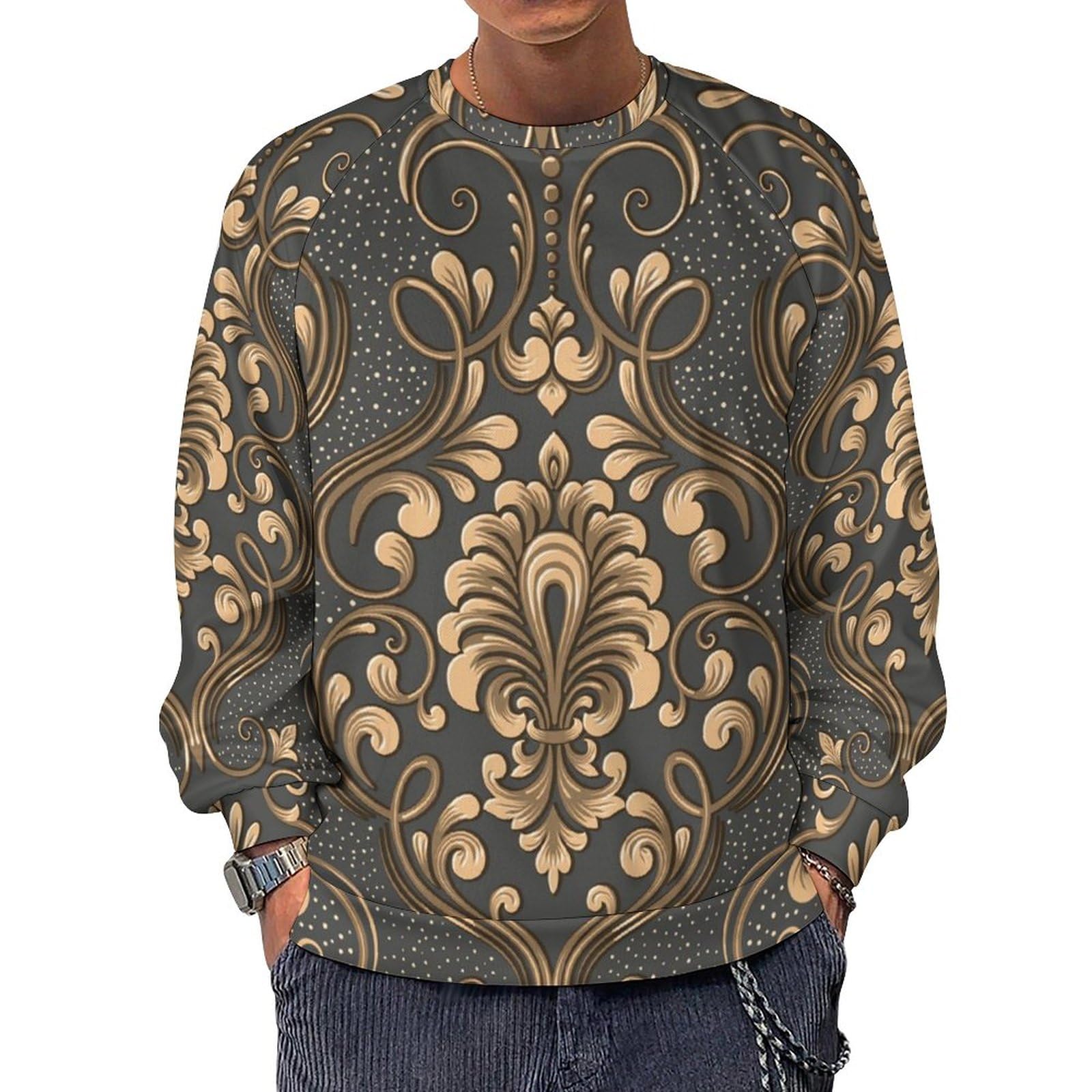 HABXNJF Langarmshirt mit Rundhalsausschnitt Rokoko Paisley Floral mit goldenen Herrenhemden, leichte lässige Pullover für Männer, Rococo Paisley Floral mit Gold, 3XL