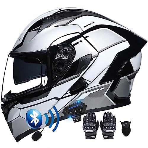 Motorradhelm Klapphelm mit Bluetooth Motorrad Helm mit integriertem bluetooth Integralhelm Anti-Fog-Doppelspiegel Vollvisierhelm ECE Genehmigt sturzhelm für Damen Herren S~XXL