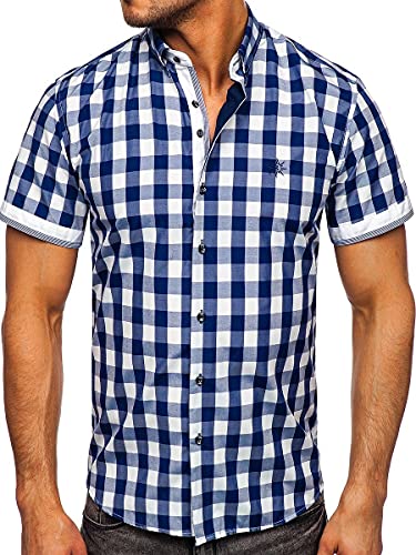 BOLF Herren Kurzarmhemd Kariert Freizeithemd Kurzärmliges Elegant Business Party Hemd Kentkragen Sommer Farbwahl Slim Fit Casual Style 4508 Dunkelblau M [2B2]