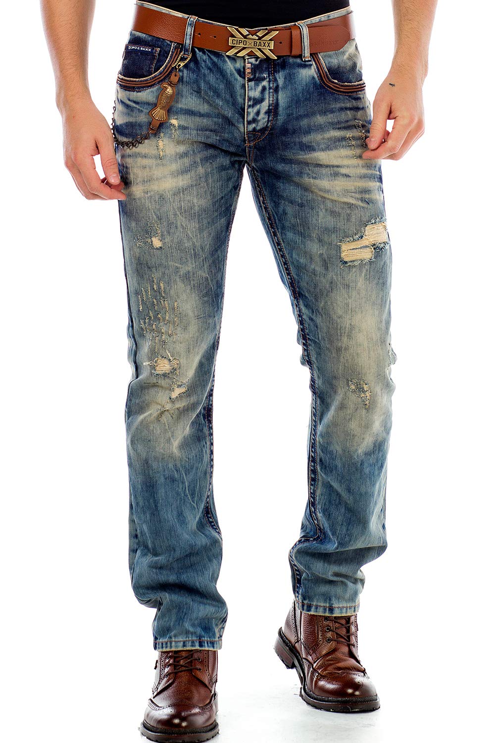 Cipo & Baxx Herren Destroyed Used Frayed Straight Fit Jeans Hose mit Farbige Stickerei Blau W38 L32