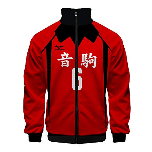 QYIFIRST Unisex Anime 3D Druck Hoodie Nekoma High School Shouhei Fukunaga NO.6 Langarm Sweatshirt Cosplay Kostüm Pullover mit Reißverschluss Stehkragen Rot XL (Chest 122cm)