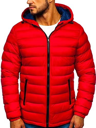 BOLF Herren Winterjacke Steppjacke mit Kapuze Daunenjacke Reißverschluss Sportjacke Zip Wärme Freizeit Outdoor Basic Casual Style JP1101 Rot M [4D4]