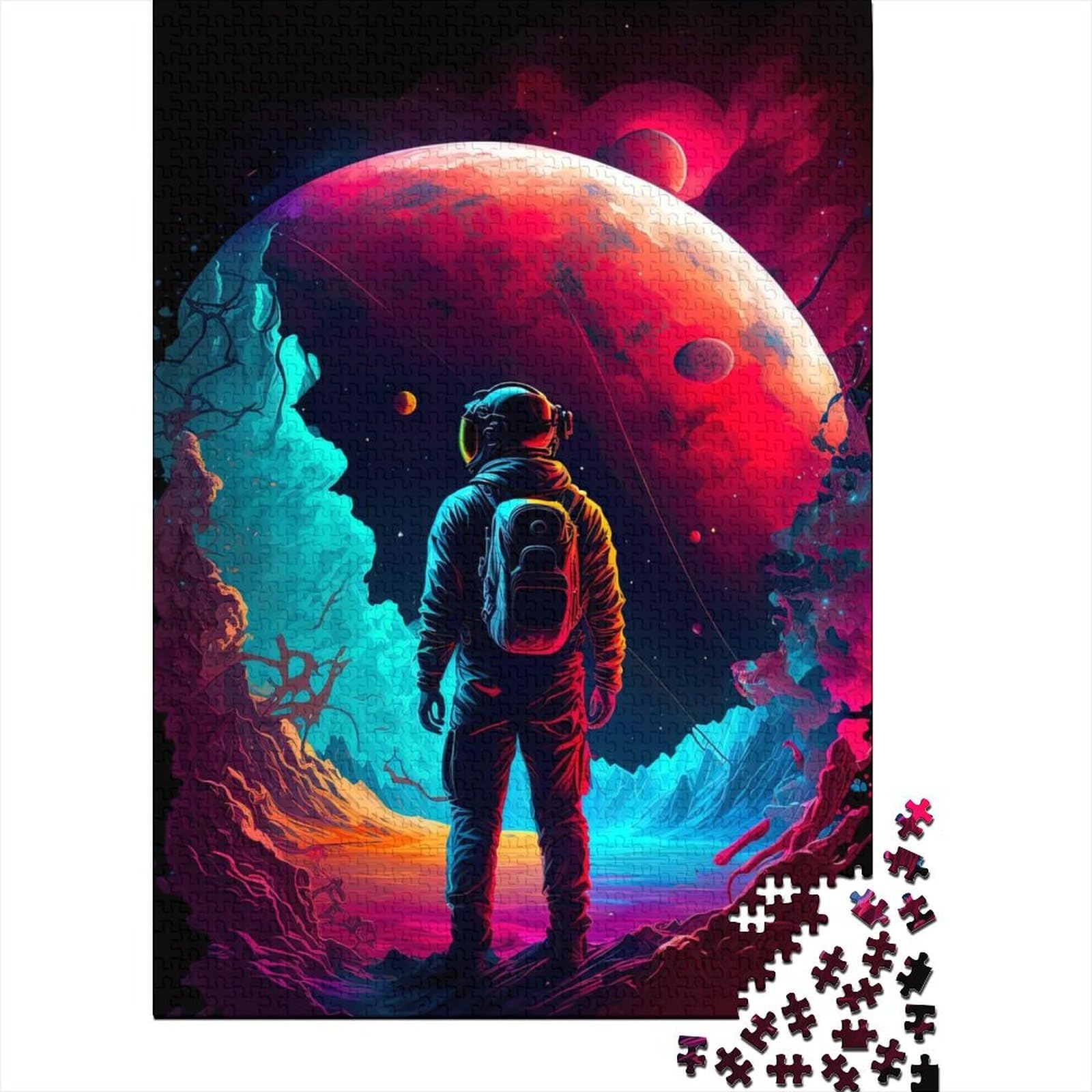 Schwieriges, anspruchsvolles Puzzle mit 1000 Teilen, Neon-Astronaut im Weltraum, Holzpuzzle für Erwachsene und Jugendliche, für anspruchsvolles Puzzlespiel und Familienspiel, 75 x 50 cm