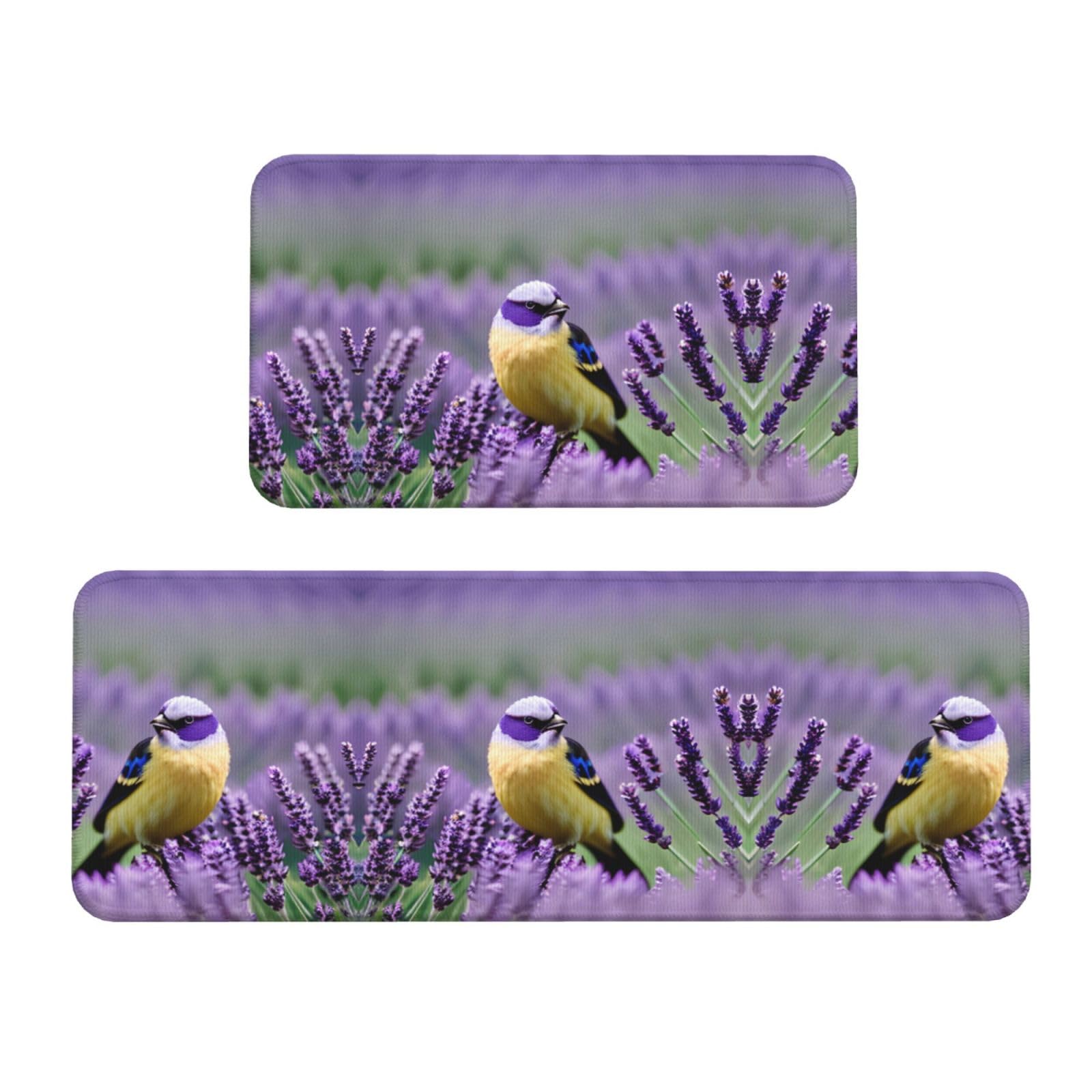 YQxwJL Küchenteppich, Motiv: Vogel in violettem Lavendel, Blumendruck, rutschfest, 2er-Set, bequeme Stehmatten für Küche, Büro