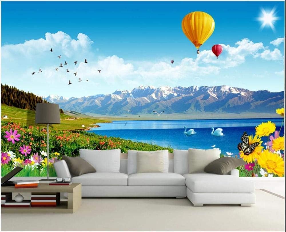 Blauer Himmel Weiße Wolken Schneebedeckte Berge Graslandschaften Heißluftballons 3D Tapete Poster Restaurant Schlafzimmer Wohnzimmer Sofa TV Dekorative Wand-200cm×140cm