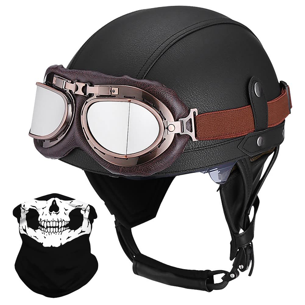 Deutsche Leder Motorrad Halbhelme mit ECE, Vintage Helme mit Schutzbrille, Jethelm Retro, Chopper Helm, Scooter-Helm, Fahrradhelm, mit Sonnenblende und Herausnehmbares Innenfutter