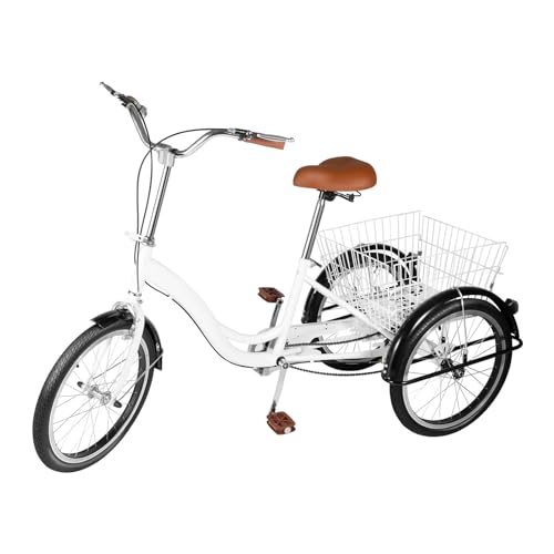 Fridgestea 20 Zoll Dreirad für Erwachsene, 3 Räder Fahrrad, Erwachsenendreirad Leichtes Dreirädriges Tricycle mit Einkaufskorb, Klingel für Damen Herren Senioren (Weiß)