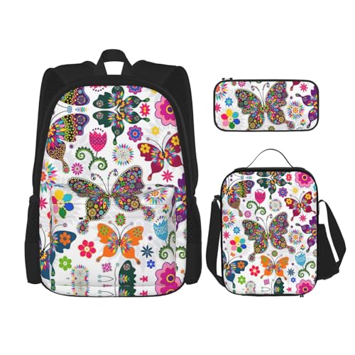 WURTON Rucksack, Lunchbox, Federmäppchen, 3-in-1, verstellbarer Rucksack, 3-in-1, weißes Blumenmuster, bunte Schmetterlinge, trendiger Rucksack, Schwarz , Einheitsgröße