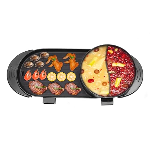 2 in 1 Elektrischer Grill mit Chinesischer Hot Pot 2200W Multifunktionaler Teppanyaki Grill Shabu Hot Pot Separate 5-stufige Temperatureinstellung Antihaft Hot Pot Grillpfanne für 2-10 Personen