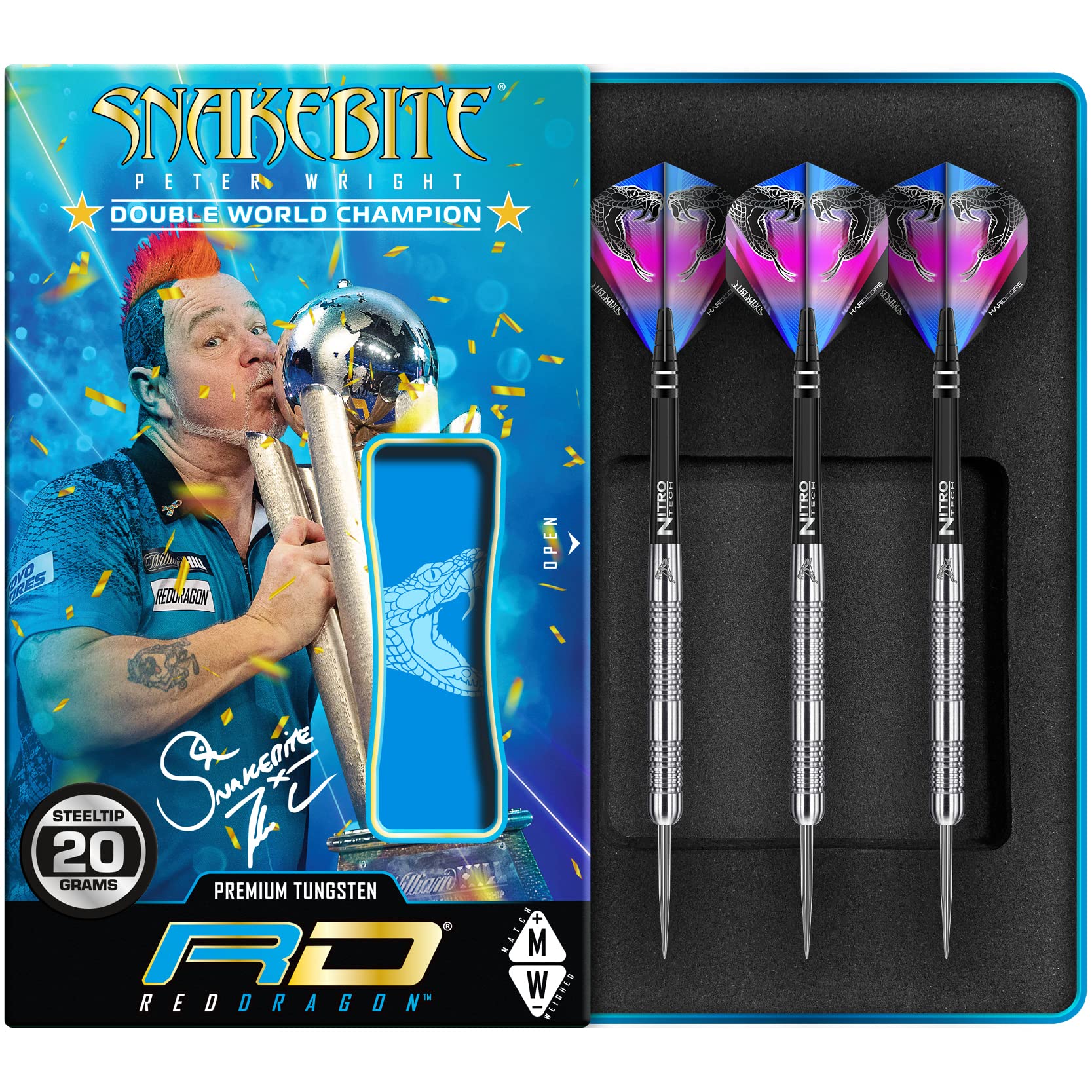 RED DRAGON Peter Wright Snakebite Euro 11: 20g Tungsten Darts mit Flights und Schäfte