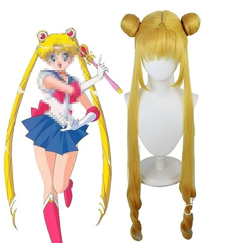 JGZGCG Anime Cosplay Perücke, Sailor Moon Perücke, Tsukino Usagi Perücke, frauen Goldene Doppel Schachtelhalm Lange Haar Mit Perücke Kappe, für Halloween, Party, Karneval, Nachtleben