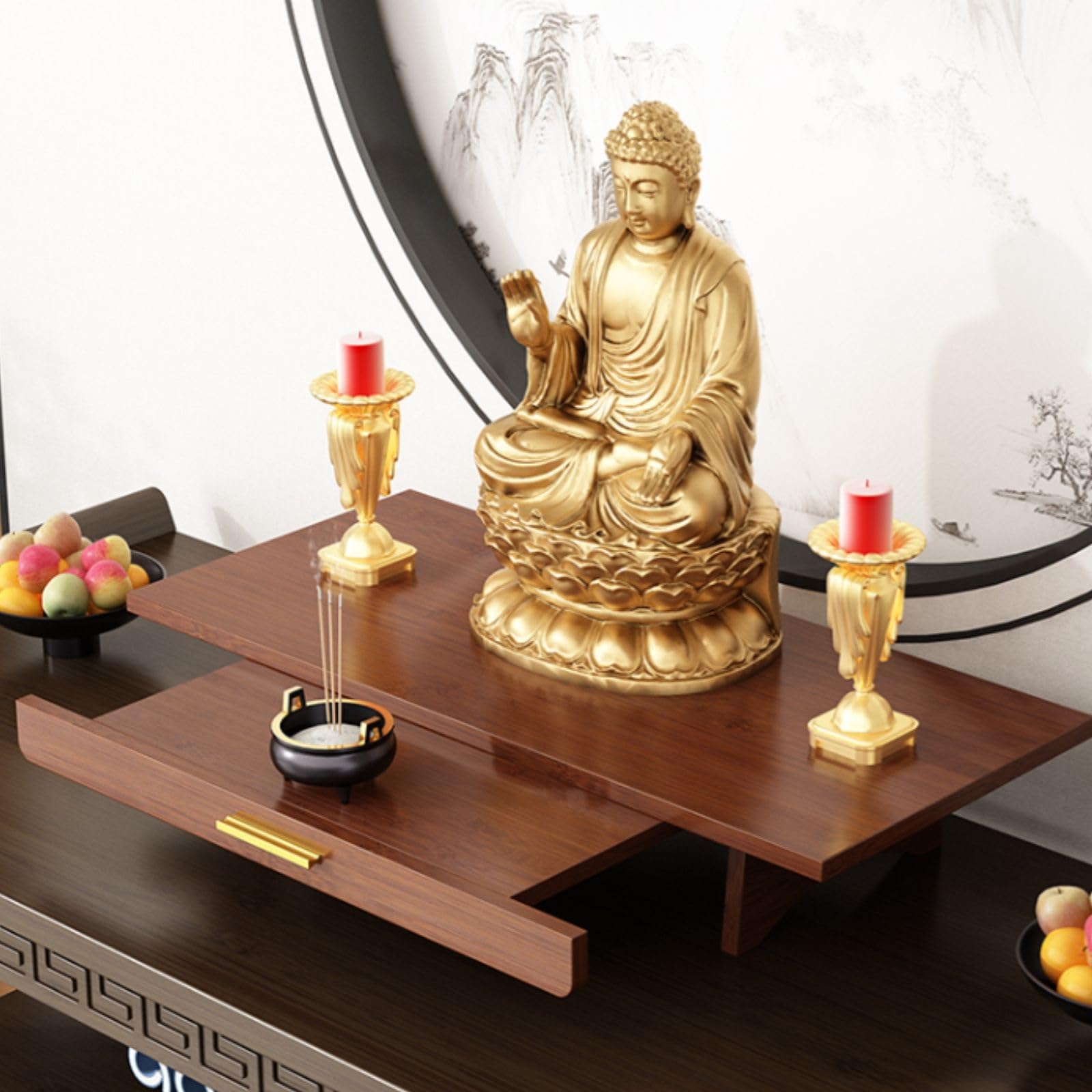 DUBTEDHOU Hölzerne Wiccan kleine Altar Tisch Buddhist Tisch, Buddhistischer Altartisch for Wohnzimmer im orientalischen Stil, Couchtisch, Schrank aus Bambus