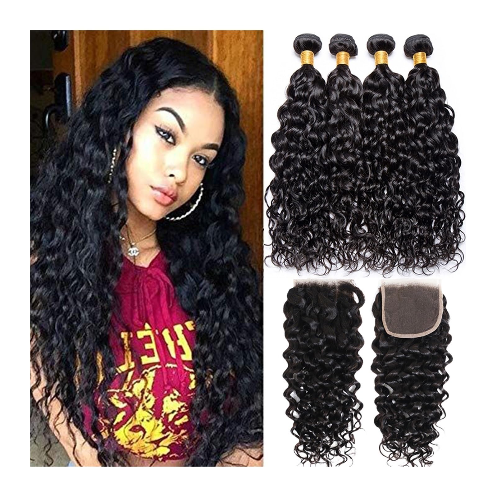 Human Hair Bundles 12A brasilianisches Echthaar, gewellt, gewellt, mit Verschluss, nass und gewellt, nass und gewellt, lockiges Echthaar, Bündel mit Verschluss human hair weave (Size : 20 20 20 with