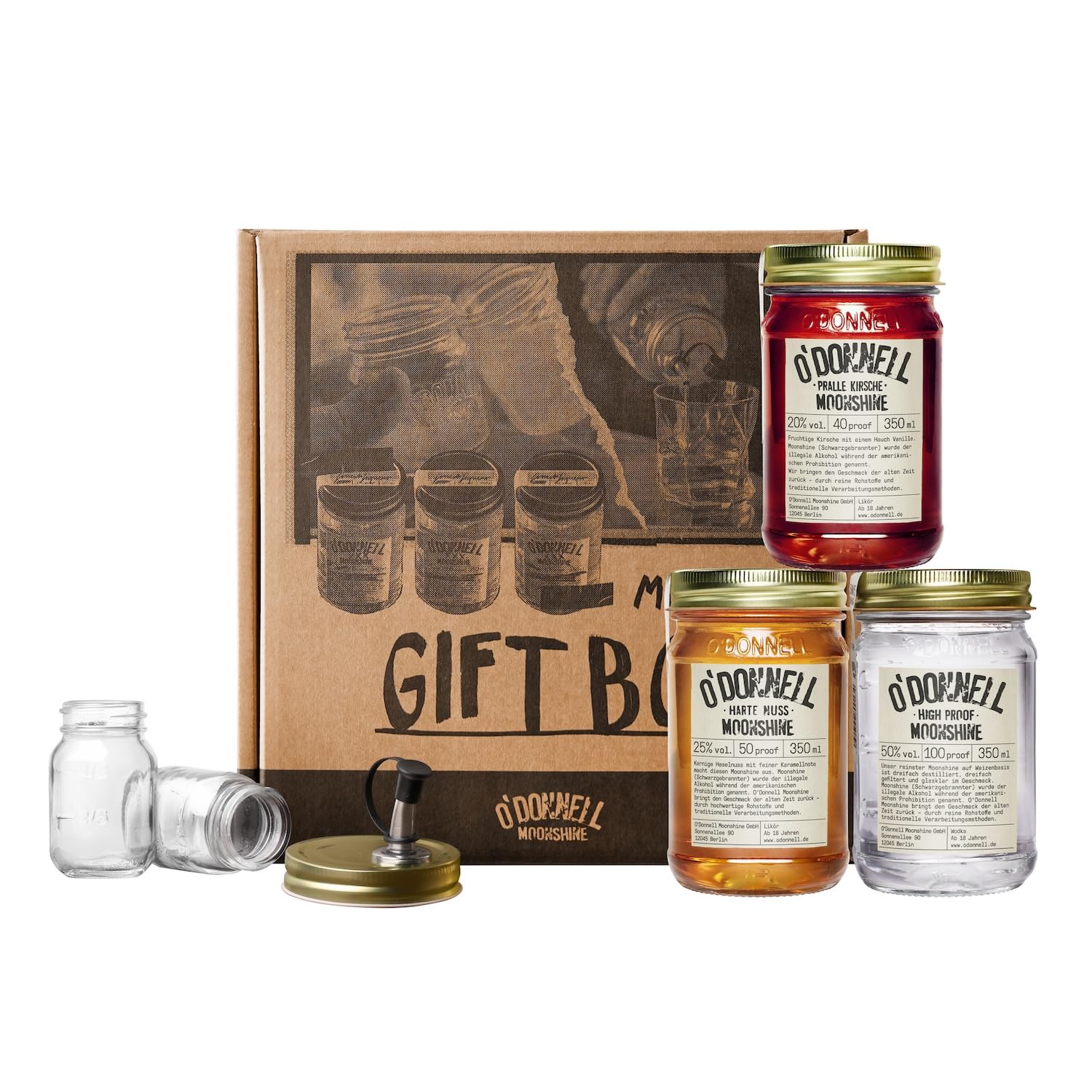 O'Donnell Moonshine Geschenkbox | 3 x 350ml | 2 x Shotgläser + Ausgießer | Premium Schnaps nach amerikanischer Tradition | Likör | vegan | natürliche Zutaten (Harte Nuss/Pralle Kirsche/High Proof)