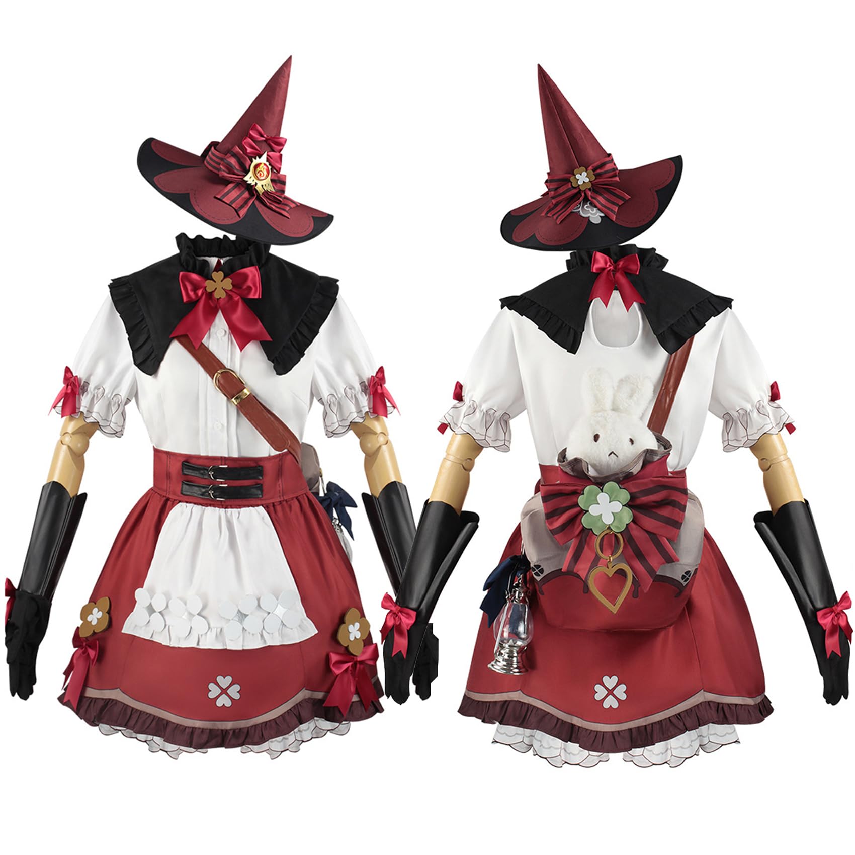 RUIZE Genshin Impact Klee Cosplay-Kostüm mit Hut, Genshin Spielfiguren-Kostüm, komplettes Set mit Hut/Kopfschmuck/Rucksack, für Damen und Mädchen, Halloween, Rot, Größe L