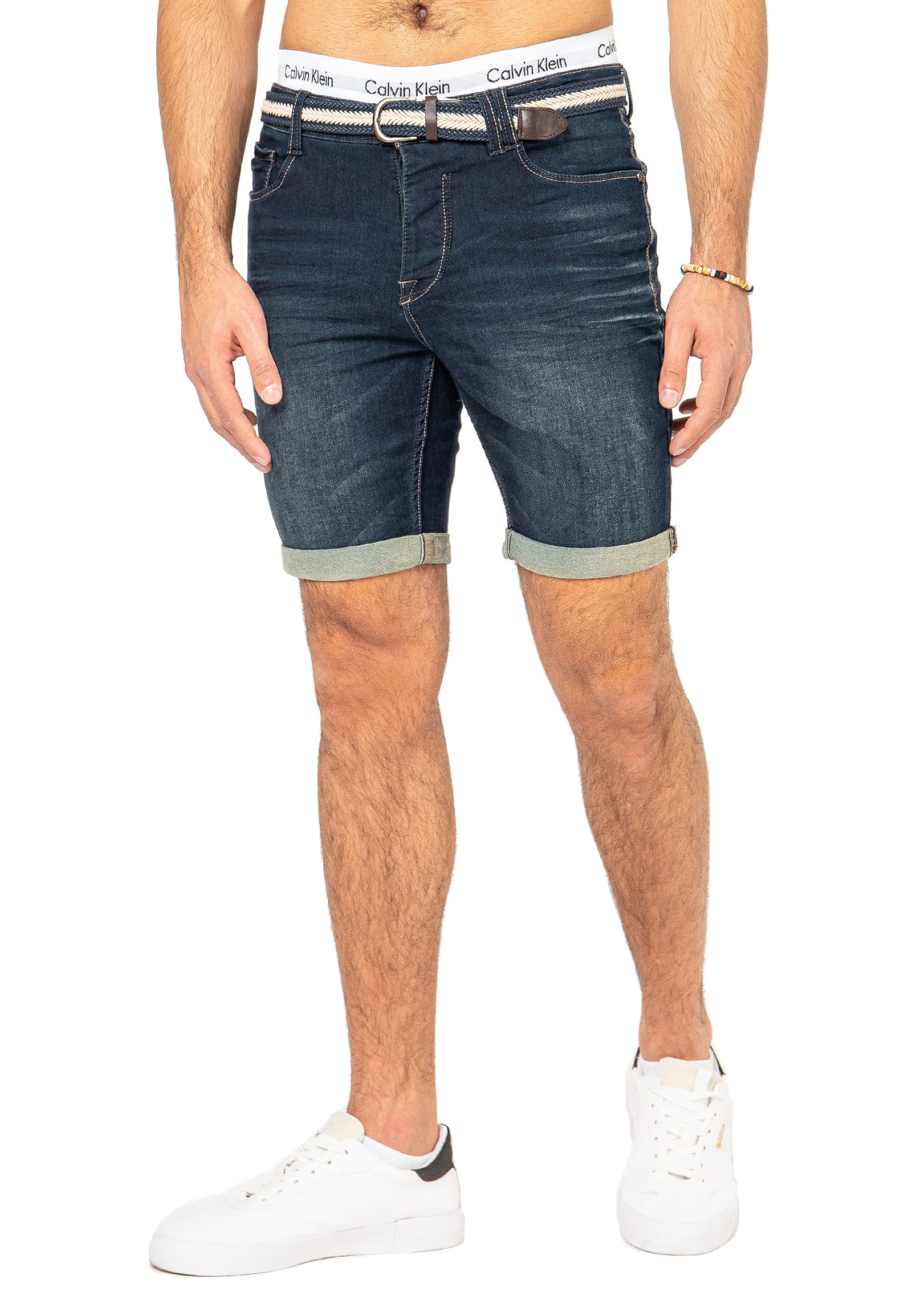 Sublevel Herren Jeans Bermuda-Shorts mit Gürtel & Stretch Dark-Blue 31