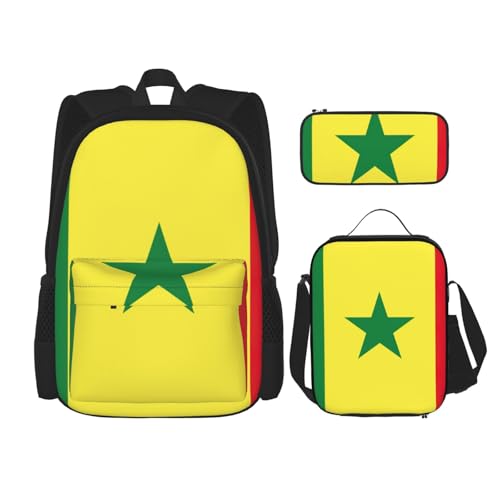 WURTON Schulterrucksack, Motiv: Flagge des Senegals, 3-in-1, Büchertaschen-Set, Lunchbox, Federmäppchen, Reisen, Laptop, Tagesrucksäcke, Schwarz, Einheitsgröße, Schwarz , Einheitsgröße