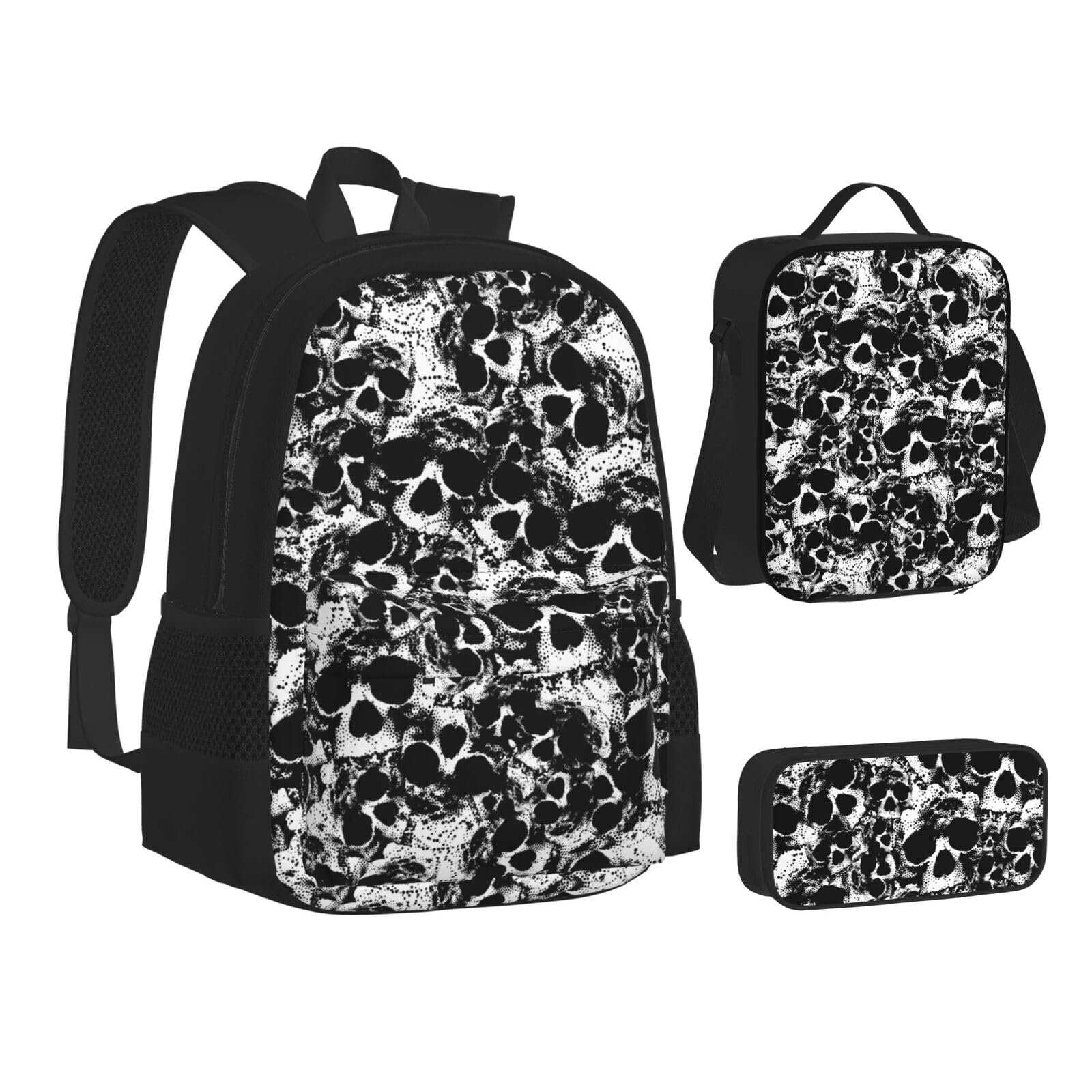 WURTON Lunchbox-Set, 3-in-1-Büchertasche und Federmäppchen, Schwarz und Weiß, mit Totenkopf-Aufdruck, passende Kombination, Schwarz, Einheitsgröße