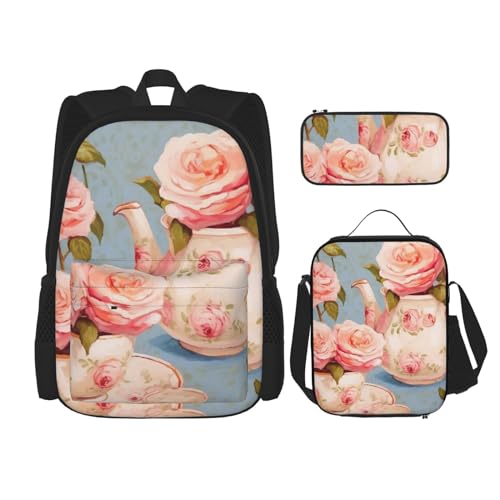 DENMER Mehrzweck-Schultasche mit Holzmaserung und passendem Federmäppchen und Lunchtasche - Ihre stilvolle All-in-One-Lösung, Teebecher mit Rosen Romantisch Shabby, Einheitsgröße