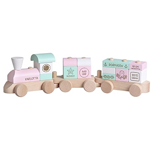 Kekskrone Holzzug Personalisiert mit Namen & Geburtsdaten - Ocean Serie, Rosa - Spielzug als Geschenk zur Geburt & Taufe