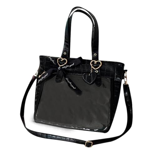 ohodhmnu Damen Tragetasche, modische Achseltasche, japanische Umhängetasche für Mädchen, Frauen, Tragetasche, Umhängetasche, transparent, Reisehandtasche, Schwarz , with scarf