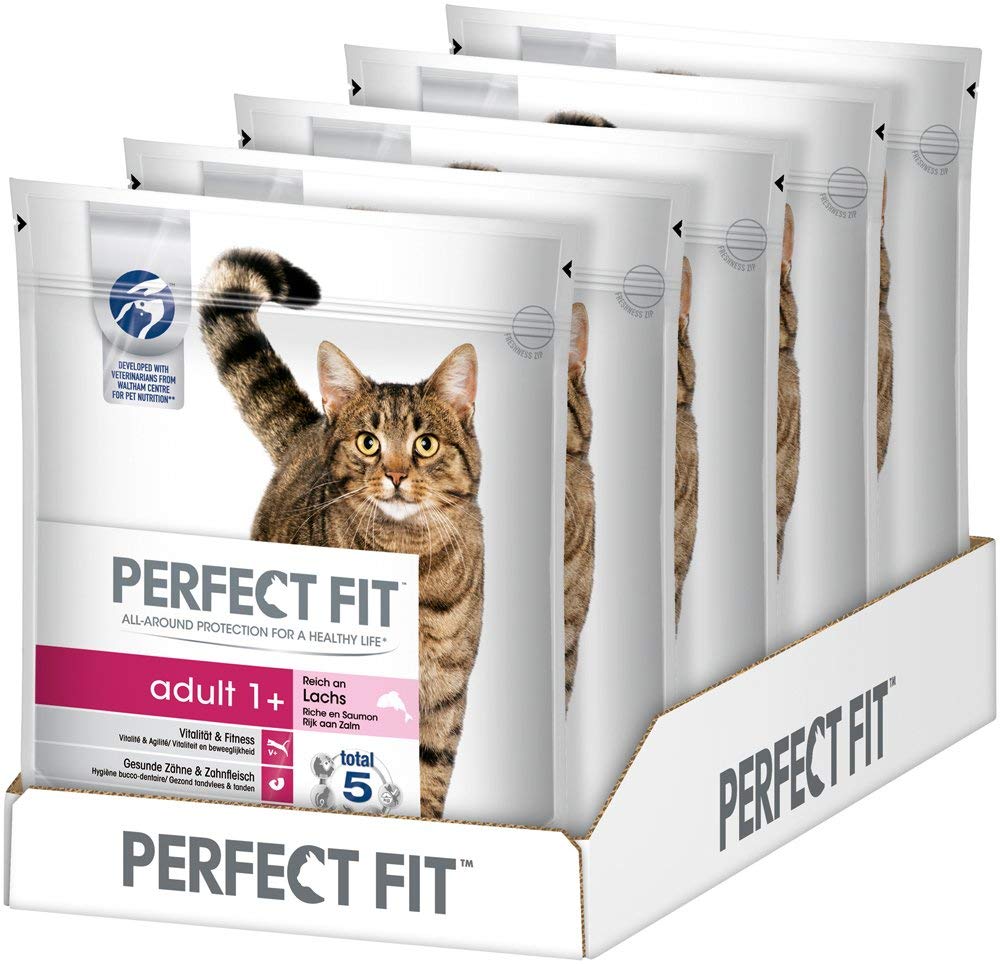 Perfect Fit Katzenfutter Trockenfutter Adult 1+ Reich an Lachs, 5 Beutel (5 x 750g)