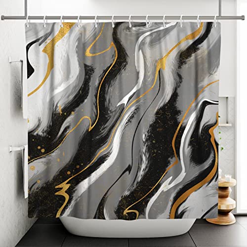 HOLEILUCK Colourful Marble Shower Curtains for Bathroom Abstract Ink Paint Blue Green Jade Texture Purple and Gold Stripes Printing 70x190cm/28x75in(WxL)