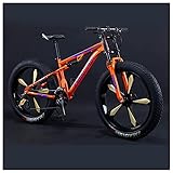 REOTEL 26 Zoll Mountainbike Herren Damen Mountainbike Fatbike, 7/21/24/27/30 Gang-Schaltung Erwachsene Fette Reifen Fahrrad, Rahmen Kohlenstoffstahl Vollfederung Bike,Orange 5 Spoke,30 Speed