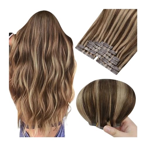 Clip-in-Haarverlängerungen 14-20 Zoll Echthaar-Einschlagbraune Haarverlängerungen, PU-Clip, echtes Echthaar, for Einnähen in dunkelbraune Mischung, karamellblonde Highlights, for Einnähen in Echthaar-