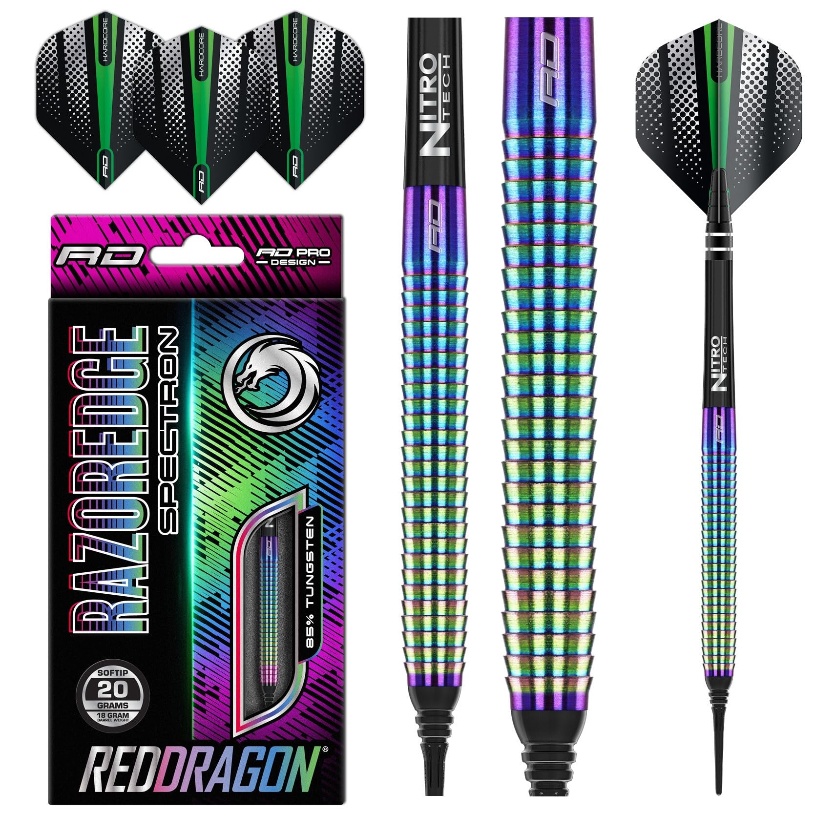 RED DRAGON Razor Edge Spectron 18 Gramm Softip Tungsten Darts mit Flights und Stielen