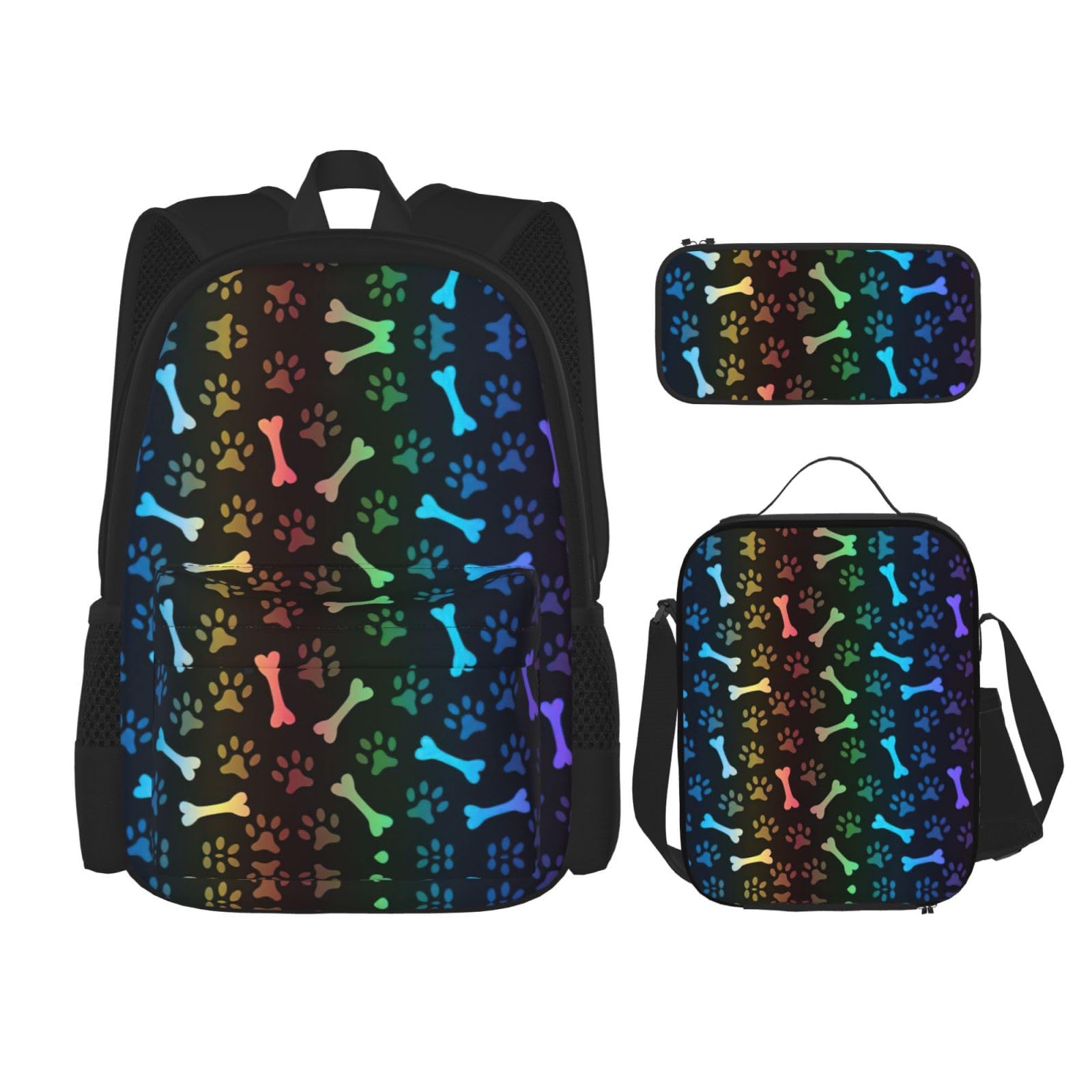 WURTON Rucksack-Set mit verstellbaren Schulterriemen, Motiv: Regenbogen-Hund und Katze, Pfotenabdruck, Lunch-Tasche, Federmäppchen, Kombinationstaschen-Set