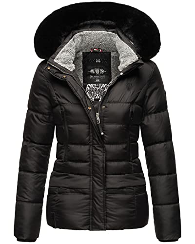 MARIKOO warme Damen Winterjacke Steppjacke mit kuschligem Teddyfell B894 [B894-Love-Schwarz-Gr.S]