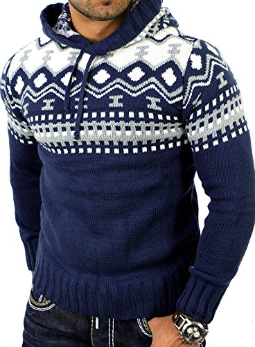 Reslad Herren Grobstrick Pullover Norweger Winter Kapuzenpullover RS-3013 Blau M