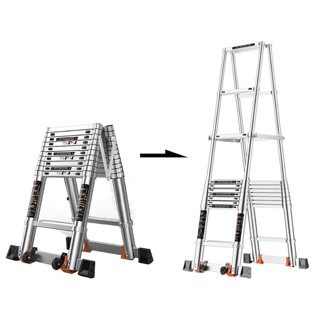 RASOANOA Leitern Teleskopleiter, Ausziehleiter, tragbare A-Rahmenleiter aus Aluminium mit Rädern, Mehrzweck-Teleskop-Ausziehleiter für Dachboden, Dachboden, 150 kg Ambitious