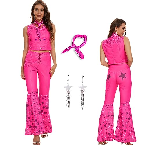 AYYOHON Cowgirl Kostüm 70er 80er Jahre Hippie Disco Outfits Rosa Weste Top Flare Pant Halloween Margot Robbie Cosplay für Frauen XS