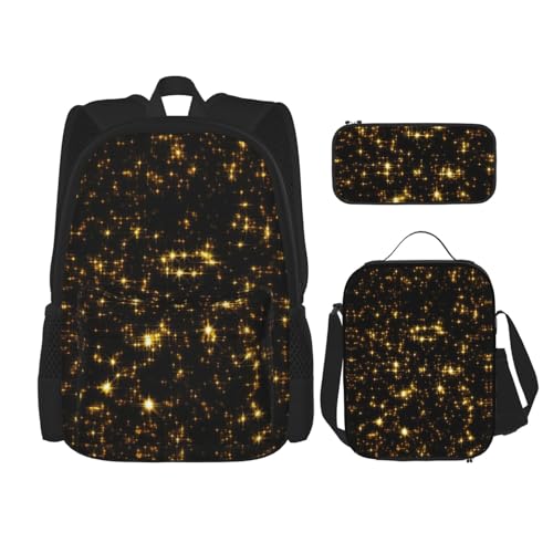 WURTON Schulrucksack, 3-in-1-Büchertaschen-Set mit Lunchbox, Federmäppchen, Reise-Laptop-Tagesrucksäcke, goldfarben / schwarz