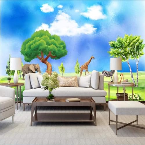 Graslandtiere Elefanten Giraffen Zebras Löwen 3D Tapete Poster Restaurant Schlafzimmer Wohnzimmer Sofa TV Dekorative Wand-250cm×170cm