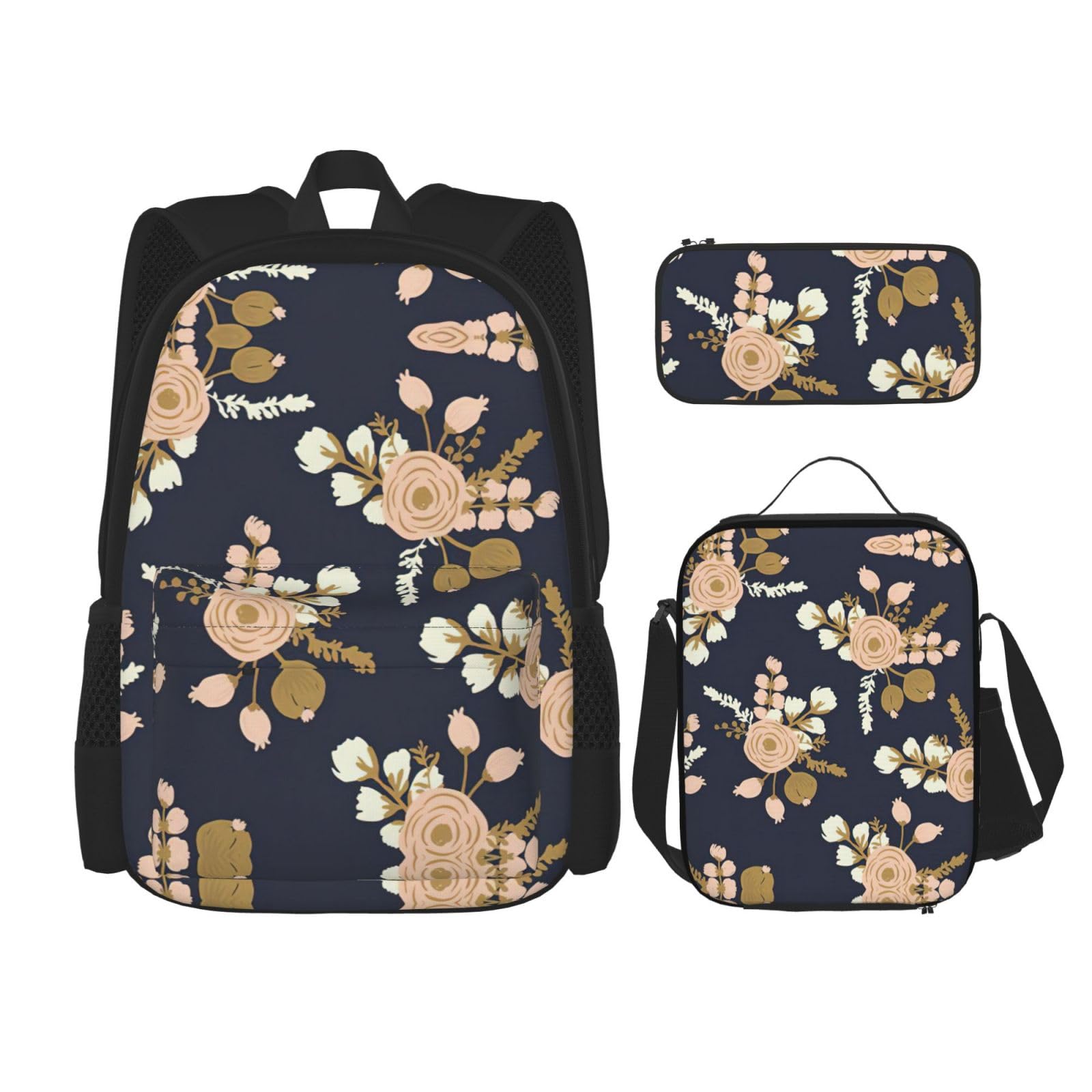 WURTON Rucksack-Set mit Rosenmuster, Blumenmuster, verstellbare Schultergurte, Rucksack, Lunch-Tasche, Federmäppchen, Kombinationstaschen-Set