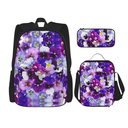 WURTON Rucksack mit violettem Blumendruck, Schultasche mit Lunchtasche, Federmäppchen, Kombination, Schultaschen-Set