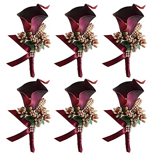 Armband Hochzeitsblumen, Brautjungfern -Armbandband, 6pcs Hochzeit Boutonniere Blume, Blume Revers Pin Boutonniere Corsage Accessoire Girls Männer künstliche Rosencors for Braut Bräutigam (Color : Bo