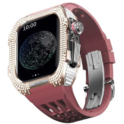 TONECY Edles Titangehäuse und Gummiband, kompatibel mit Apple Watch 44 mm, Lünette aus Titanlegierung und Fluorkautschuk-Band für iWatch Serie 6/5/4/SE, 44 mm Umbauset (Farbe: Dunkelrot 4, Größe: 44